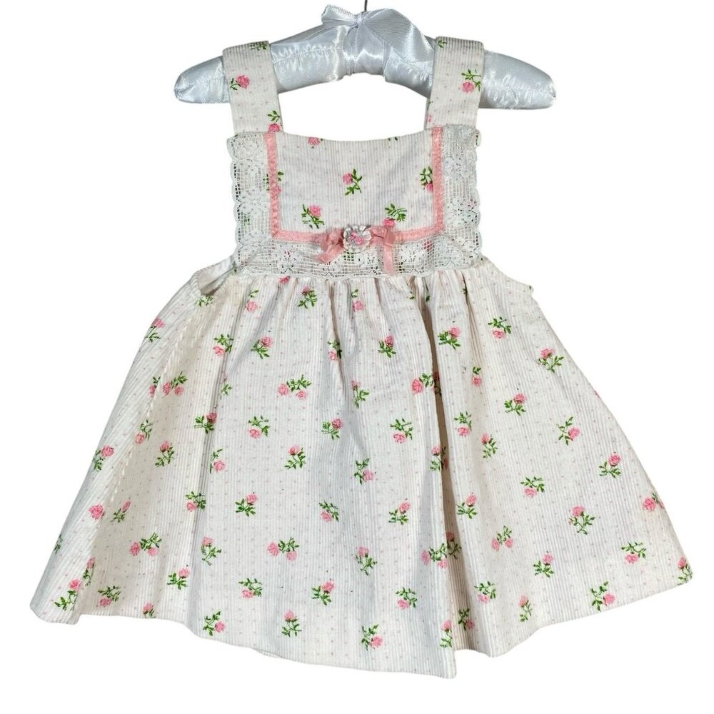 Vintage Tiny Tots Baby Girl Dress 6-12M White Corduroy Dainty Pink Flowers Lace